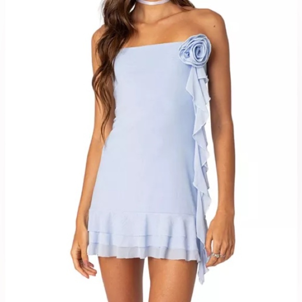 NWT Edikted Thalia Flower Pin Ruffle Mini Dress in Light Blue Small & Medium - Picture 2 of 8